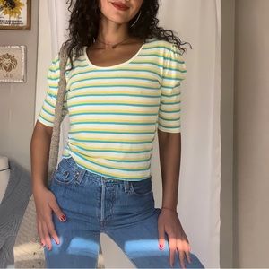 Lord & Taylor Vintage Blue + Yellow Striped Puff Sleeve T-Shirt